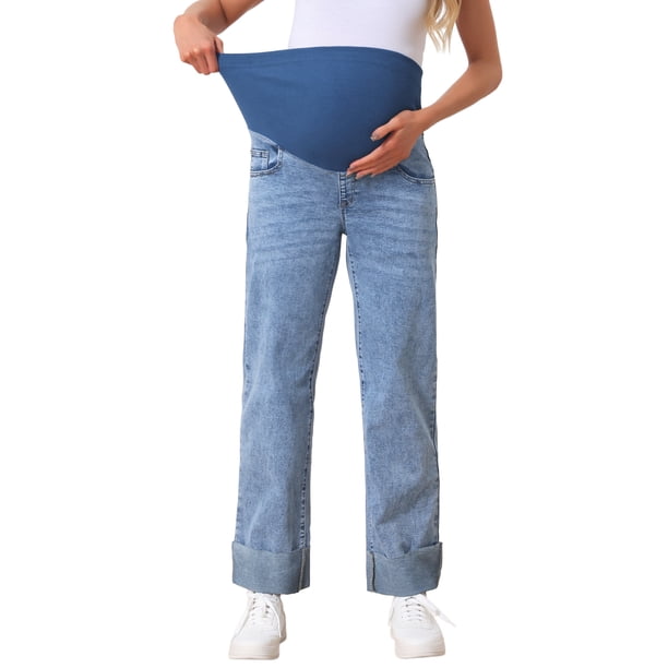 INSPIRE CHIC Pantalones de Maternidad para Mujeres Jeans Denim Pierna Recta Dobladillo Alto Elástico Sobre el Vientre Pantalones de Trabajo Casual M Azul Nieve