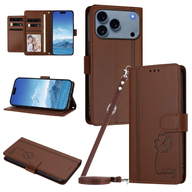 Funda Cartera Trébol para iPhone 17 Pro con Ranuras Tarjetas y Carga Inalámbrica Marrón