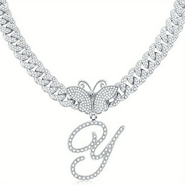 Stylish Hip Hop Cuban Butterfly Necklace with White Letter Initials