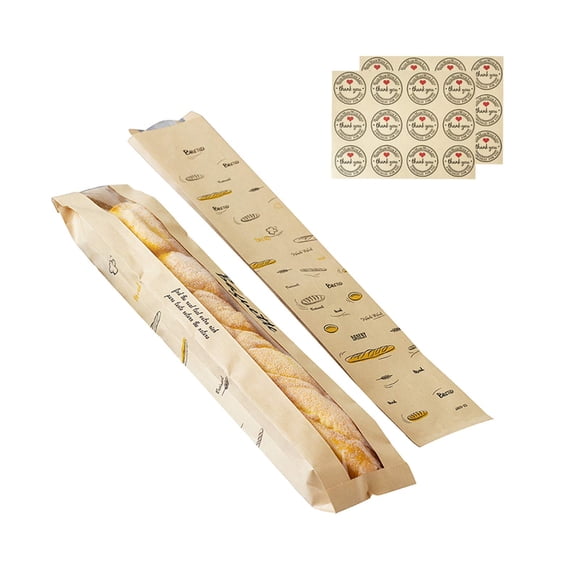 Bolsa para pan tipo baguette, paquete de 50 unidades, papel kraft con ventana, 60 pegatinas