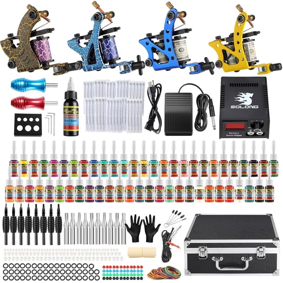Kit de tatuaje Solong Tattoo TK453-US con 4 ametralladoras Pro, 54 tintas