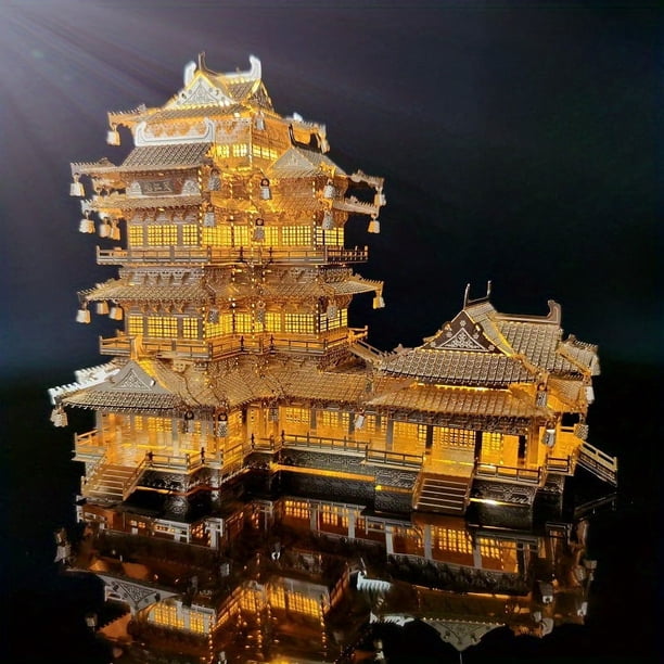 Architecture 3D Metal Puzzle, Yuejiang Tower Diy Laser Cutting Assembled Model Jigsaw Toy, Ancient Architecture For Adult Unisex