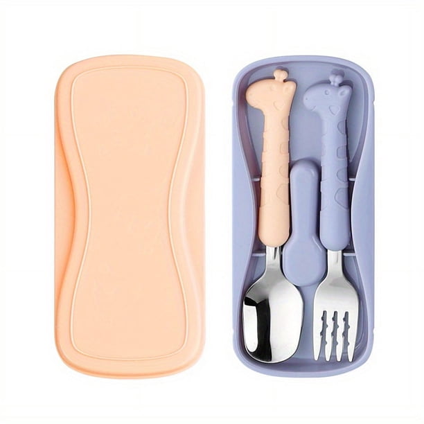 Make Mealtime Fun with our Cartoon Toddler Utensil Set - Stainless Steel Spoon and Fork Set with Travel Carrying Case for Safe Self-Feeding