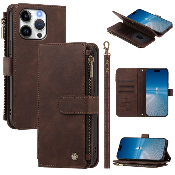 Funda Cartera iPhone 15 Pro con Cierre, Marrón