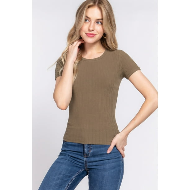 Saronite Top de Manga Corta con Cuello Redondo y Canalé de Algodón Básico, Marrón (para Mujer)