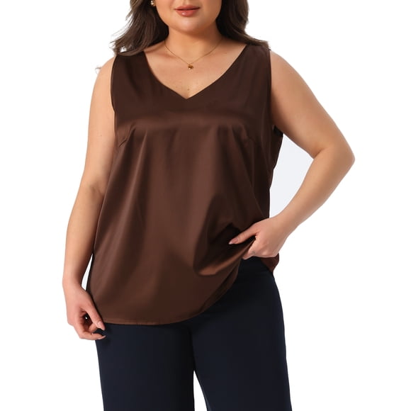 Agnes Orinda Conjuntos de Halloween para Mujeres Tallas Grandes Escuela Colegio Seda Satén Tops de Tirantes Cuello en V Casual Blusas sin Mangas Básico Camiseta 4X Marrón Oscuro