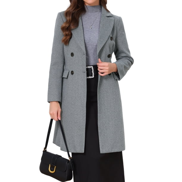 INSPIRE CHIC Abrigo de Invierno para Mujer con Cuello con Solapa, Doble Botonadura, Gabardina de Sarga, Abrigo Elegante de Largo Medio, Talla S, Gris Sarga