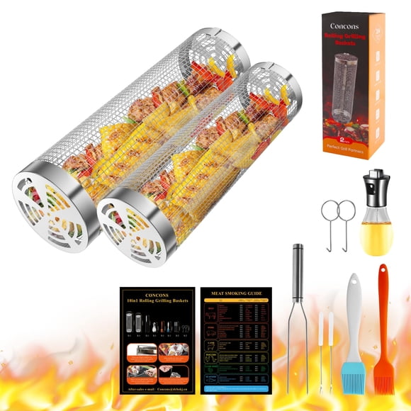 Canasta Giratoria Para Parrilla 2 Piezas Accesorios Para Asado Al Aire Libre Canastas De Malla De Acero Inoxidable Para Bbq Con Rociador De Aceite Para Verduras Camarones Y Regalo Para Hombres