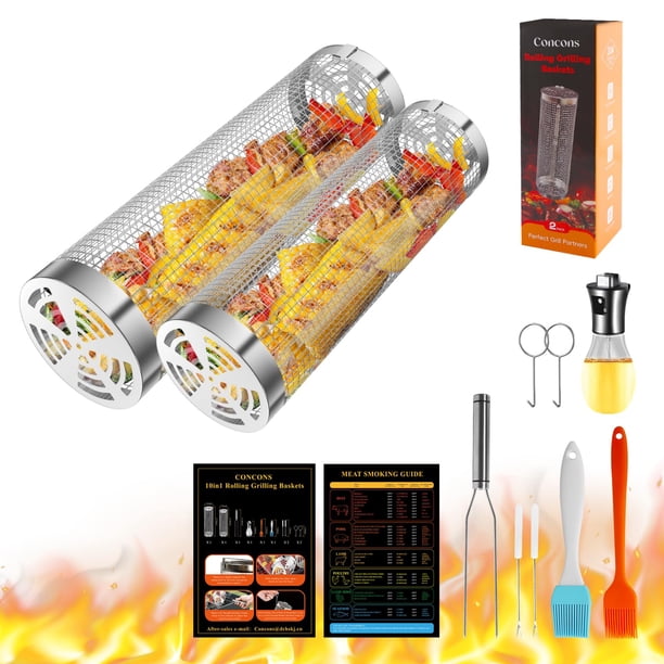Canasta Giratoria Para Parrilla 2 Piezas Accesorios Para Asado Al Aire Libre Canastas De Malla De Acero Inoxidable Para Bbq Con Rociador De Aceite Para Verduras Camarones Y Regalo Para Hombres