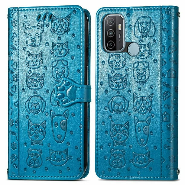 Funda Cartera FOXDOCK para OPPO A53 2020 , Flip PU con Relieve de Gatos y Perros, Tarjetero y Soporte