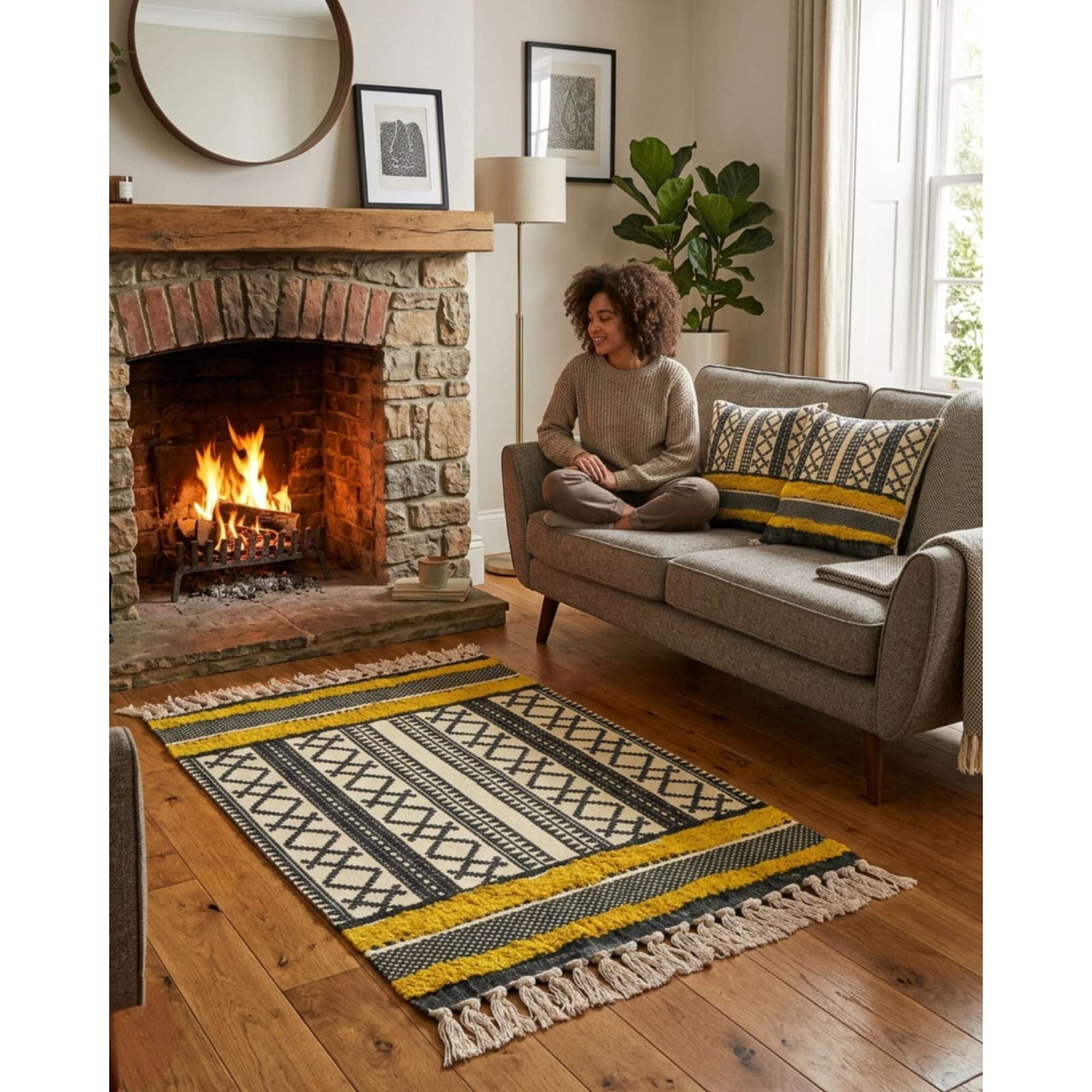 Myl Todo Hogar - Pack Alfombra 60x90 Cm + 2 Fundas De Cojín Con Bordado Tufting Y Flecos