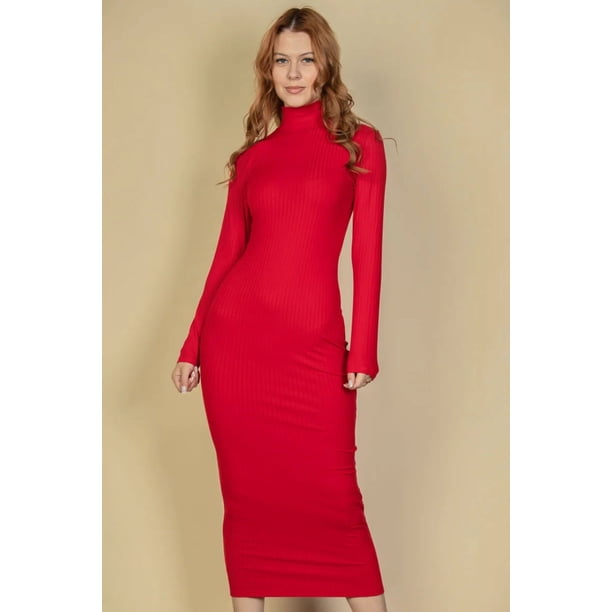 Vestido Midi Ajustado de Manga Larga con Cuello Alto Acanalado Rojo L