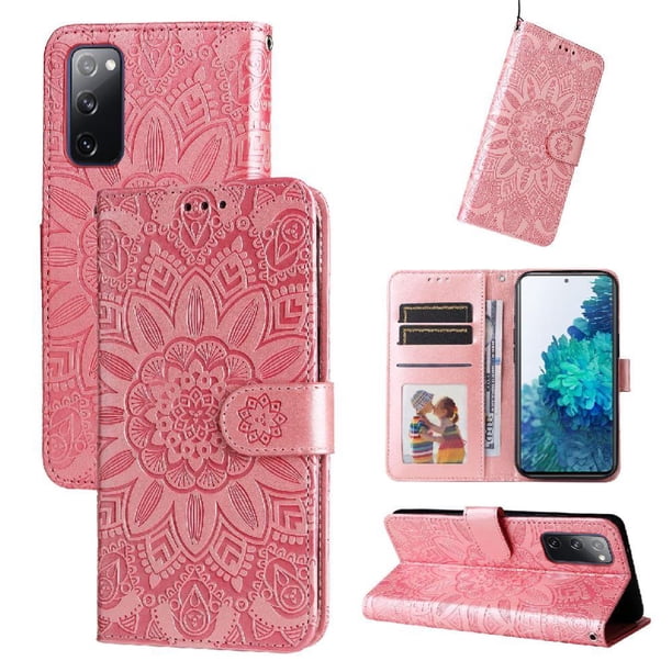 Funda tipo cartera FOXDOCK para Samsung Galaxy S20 FE , diseño girasol en relieve, cuero PU, cierre magnético, soporte y tarjetero