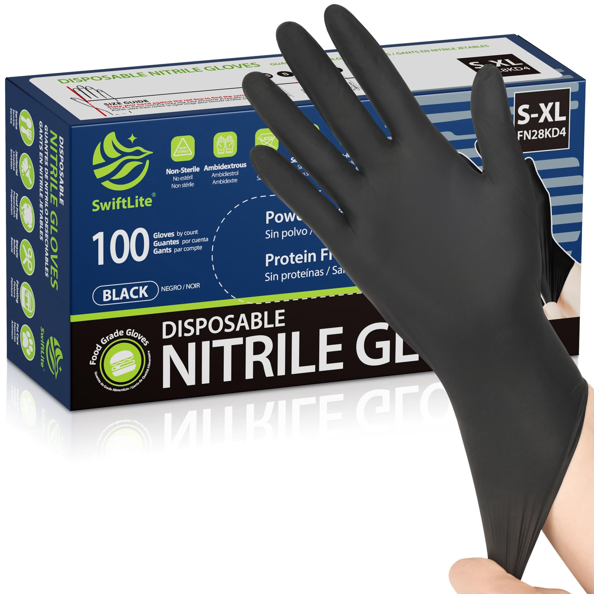 Guantes Desechables Swiftlite De Nitrilo Negro, 100 Unidades, Grandes