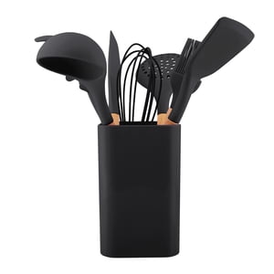 Hausroland - Set De Utensilios De Cocina Silicona Madera Negro