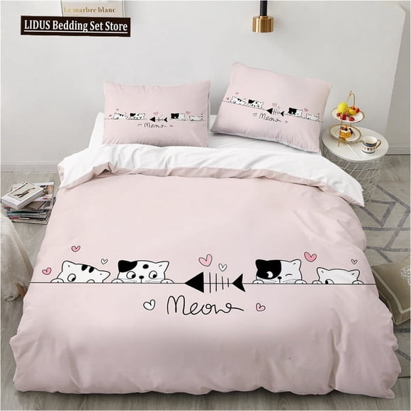 v1170 Bed Sheets Cute Cartoon Animals Pink Toddler Bedding Set Funny Cat Print Duvet Cover Twin Queen Size For Teens Boys Girls Bedroom Decor 3-Piece Bedding Set (1 Duvet Cover + 2 Pillow Shams) Bed S
