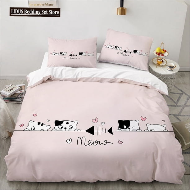 v1170 Bed Sheets Cute Cartoon Animals Pink Toddler Bedding Set Funny Cat Print Duvet Cover Twin Queen Size For Teens Boys Girls Bedroom Decor 3-Piece Bedding Set (1 Duvet Cover + 2 Pillow Shams) Bed S