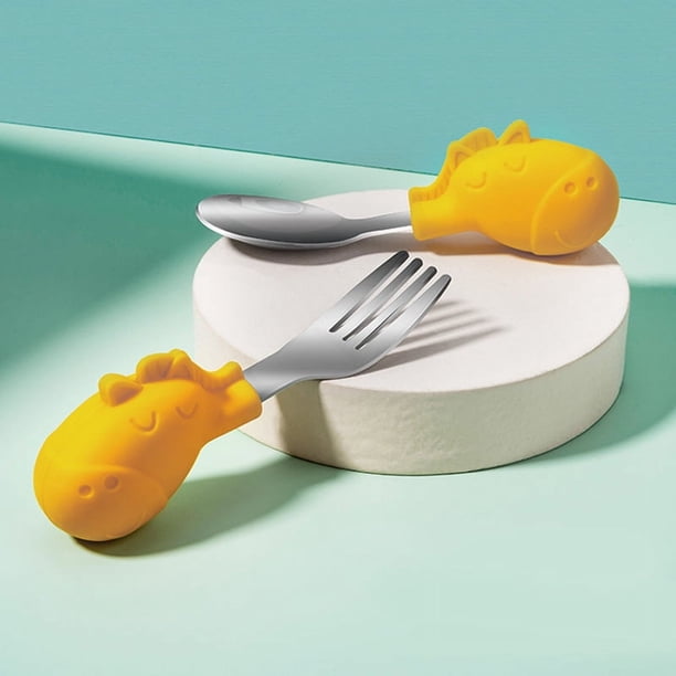 Make Mealtime Fun and Easy with our 2 Set Baby Toddler Silicone Stainless Steel Spoon Fork Set in a Cute and Gender-Neutral Style, Perfect for Feeding and Cutlery Training, Comes with a Useful Case!
