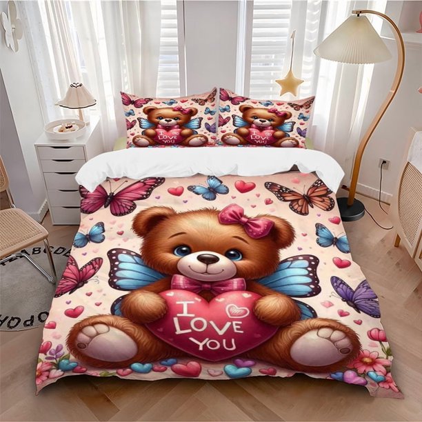 Anime Teddy Bear 'I Love You' Bedding - Includes One Quilt Cover and Two Pillowcases (No Filling) - Polyester Fabric Perfect for Bedroom and Guest Room Decorati