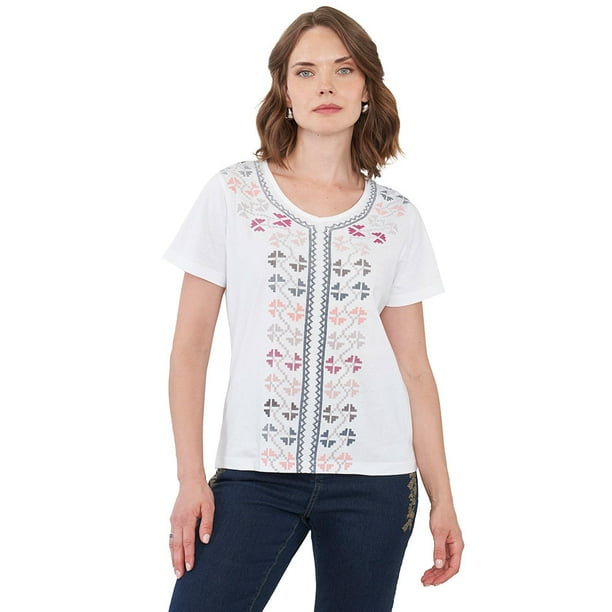 Polera Mujer Escote V Print Étnico Ecru Corona
