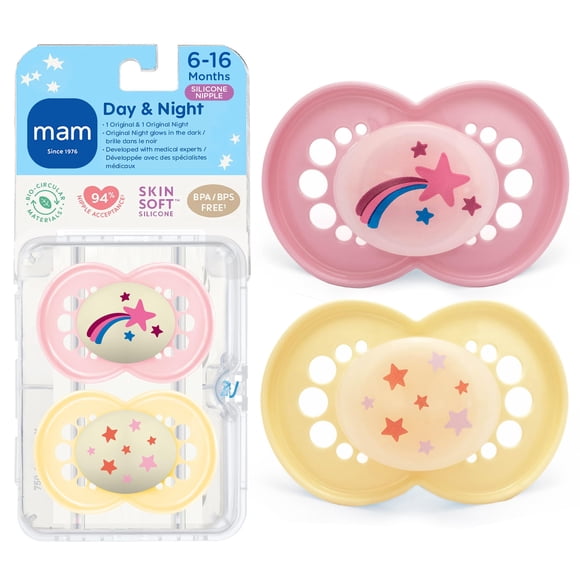 Chupete MAM 6-16 meses, pack de 2, brilla en la oscuridad