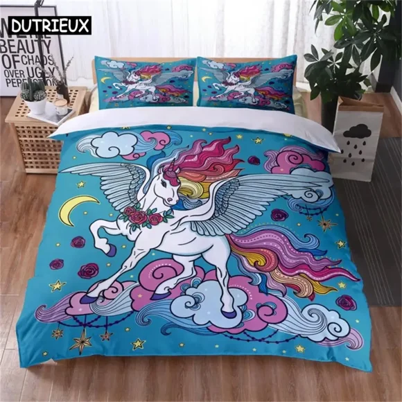 Colorful Luminous Unicorn Print Bedding Set 3D Cartoon Animal Pattern Duvet Cover Bedroom Decor With Pillowcases For Girls Gift Bed Sheets