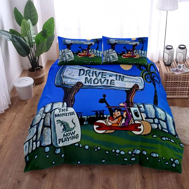 v2590 Bed Sheets Anime The Flintstone Duvet Cover Set King Queen Double Full Twin Single Size Bed Linen Bedroom Duvet cover Sets Home Textiles 3-Piece Bedding Set (1 Duvet Cover + 2 Pillow Shams) Bed