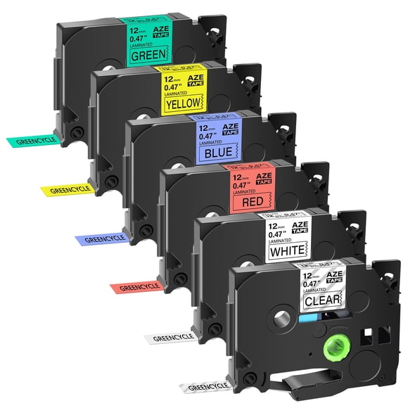 Cinta para rotular, compatible con Greencycle, Ptouch TZe, 12 mm, paquete de 6