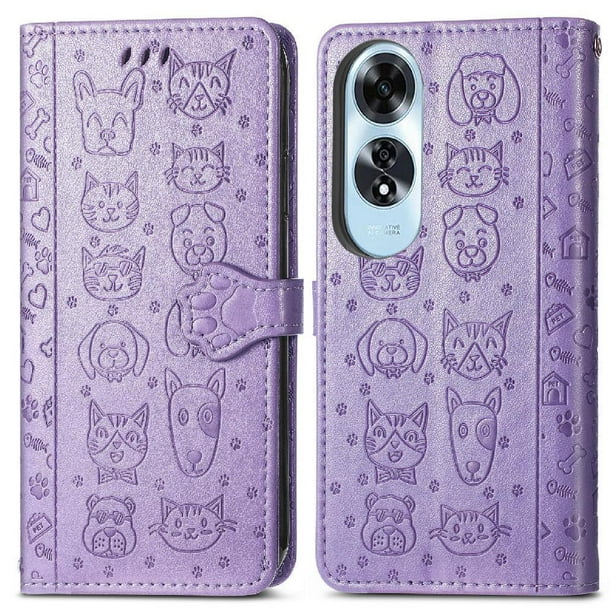 Funda Cartera FOXDOCK para OPPO A60 4G , Flip PU con Relieve de Gatos y Perros, Tarjetero y Soporte