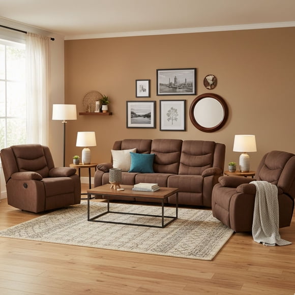 Living 3 Cuerpos Reclinable Norman + 2 Berger Norman Café Oscuro