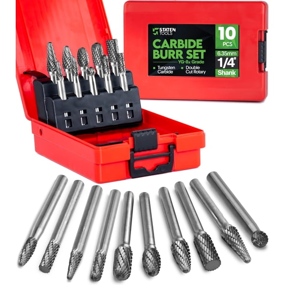 Juego de fresas de carburo Staten Tools, 10 unidades, doble corte, vástago de 6,35 mm
