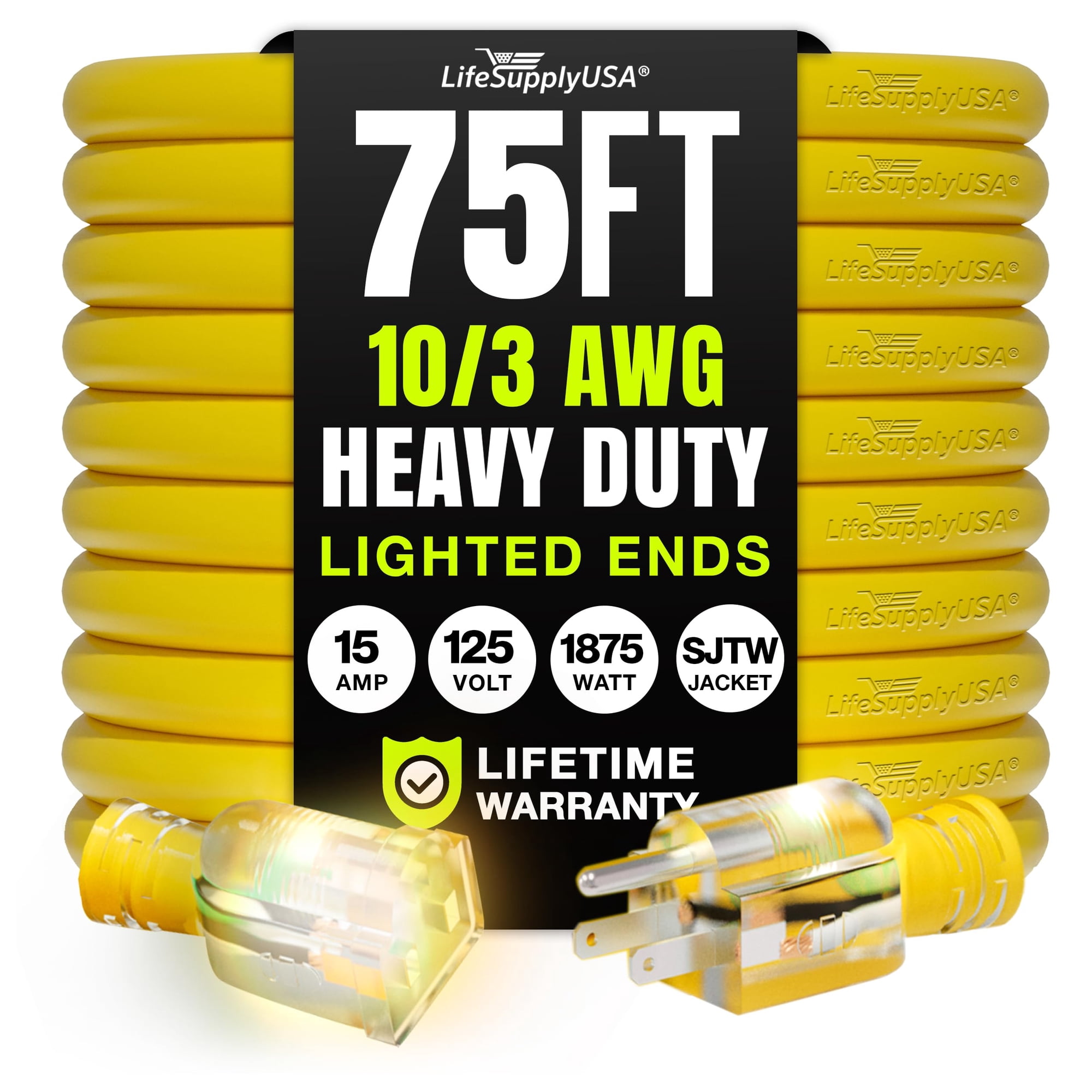 Cable De Extensión Lifesupplyusa, 75 Pies, Calibre 10/3, 15 A, 125 V, Amarillo