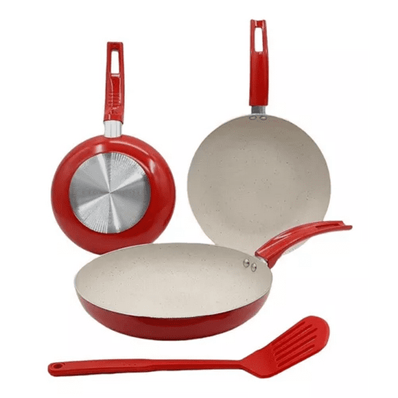 Set de 3 sartenes con espátula, antiadherentes, diseño y cocina, color rojo