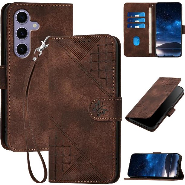 Funda Flip Premium Fibra de Carbono para Samsung Galaxy S25 con Soporte y Cierre Marrón