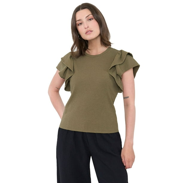 Polera Mujer Rib Vuelos Verde Corona