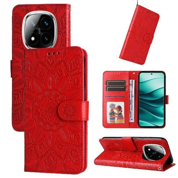 Funda tipo cartera FOXDOCK para Xiaomi Redmi Note 14 Pro 5G , diseño girasol en relieve, cuero PU, cierre magnético, soporte y tarjetero