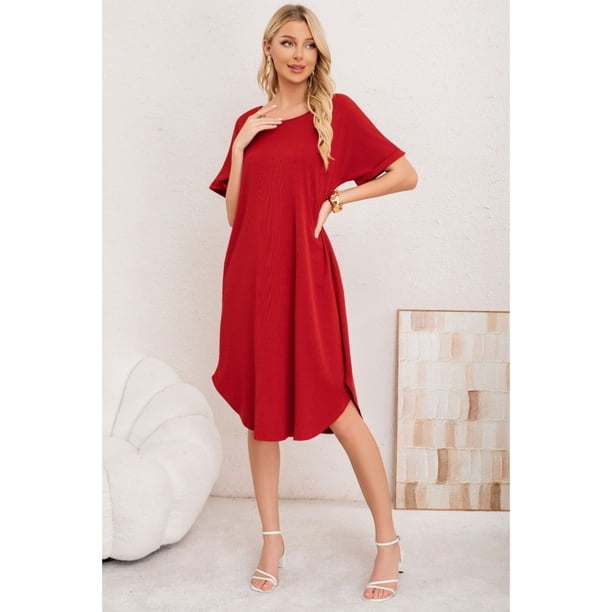 Vestido Midi Mujer Casual Cuello Redondo Bolsillos Colores 3377