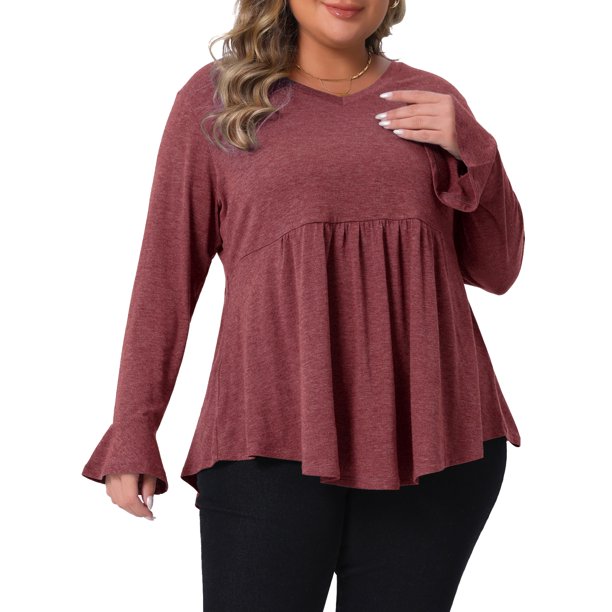 Agnes Orinda Conjuntos de Halloween para Mujeres Tallas Grandes Tops de Escuela Universitaria Mangas con Volantes Dobladillo Curvado Plisado Peplum Cuello en V Blusas Informales Túnica 4X Burdeos
