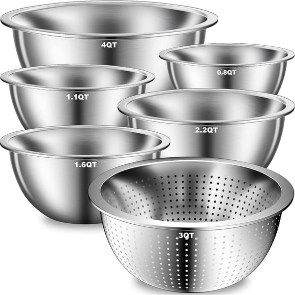Set de bowls de acero inoxidable DUTZUN, 6 piezas, 4 qt y colador