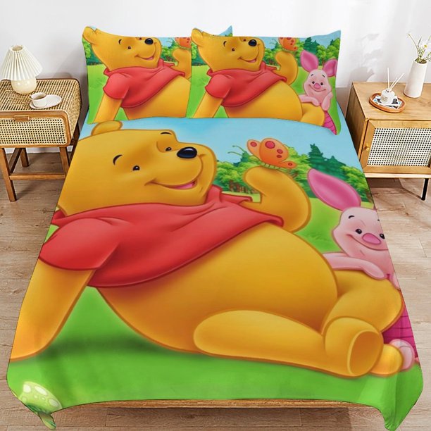 Winnie The Pooh Bed Duvet Cover Microfiber Bedding Sets 3D Printed Lightweight 3 Piece Comforter Sets for Kids Boys Girls
