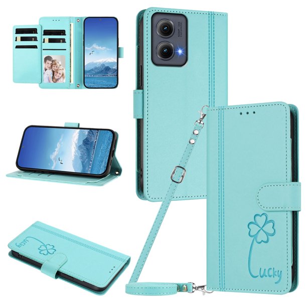 Funda Cartera Trébol para Motorola Edge 2024 5G con Ranuras Tarjetas y Carga Inalámbrica Verde menta