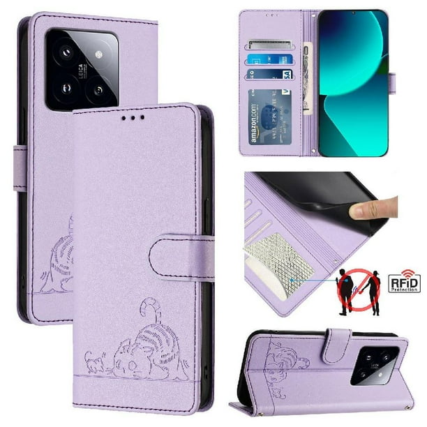 Funda tipo cartera FOXDOCK para Xiaomi 14 Pro 5G con soporte, ranuras, RFID, diseño de gato