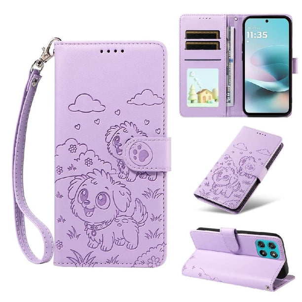 Funda Cartera para Motorola Moto G57/G57 Power Perro Cachorro Grabado con Tarjetas Soporte Correa Morado
