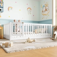 M&Ms - Twin Size Bed Floor Bed With Safety Guardrails And Door For Kids, White