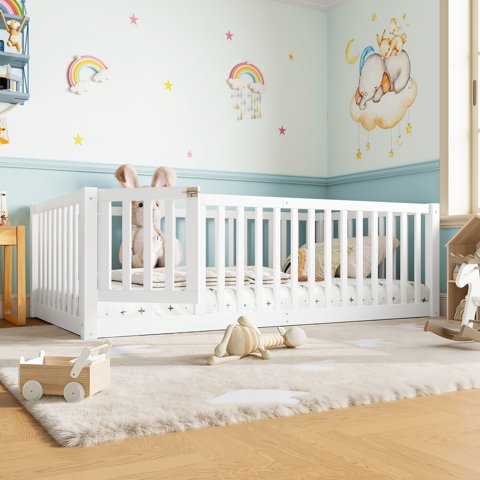 M&Ms - Twin Size Bed Floor Bed With Safety Guardrails And Door For Kids, White