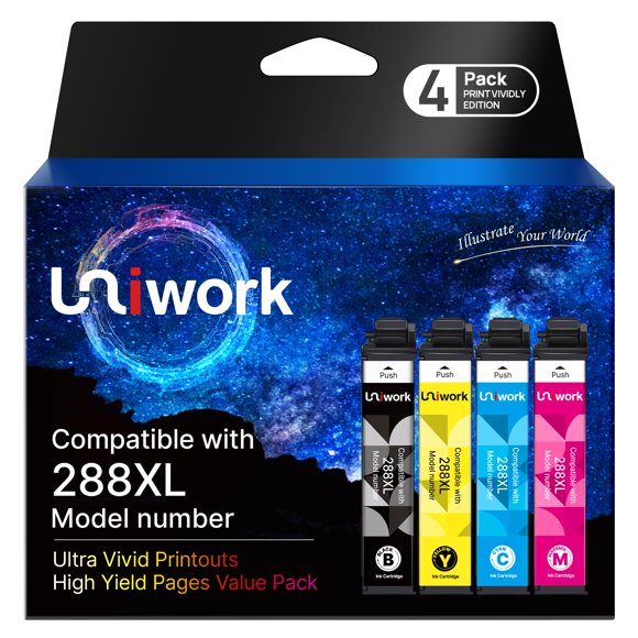 Cartuchos de tinta remanufacturados Uniwork 288XL, paquete de 4, alto rendimiento