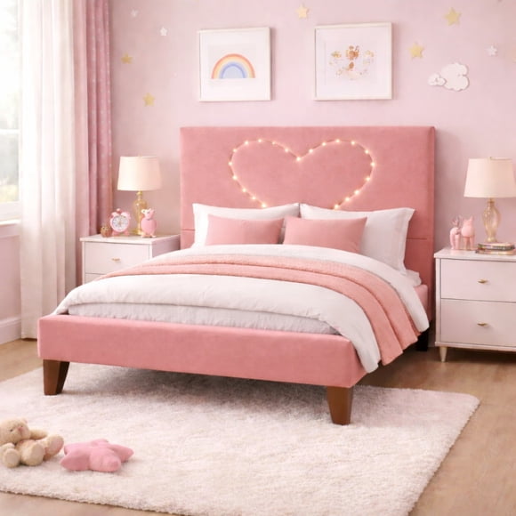 Cama Plaza y Media Corazón Palo Rosa Base + Colchón Mery Desing