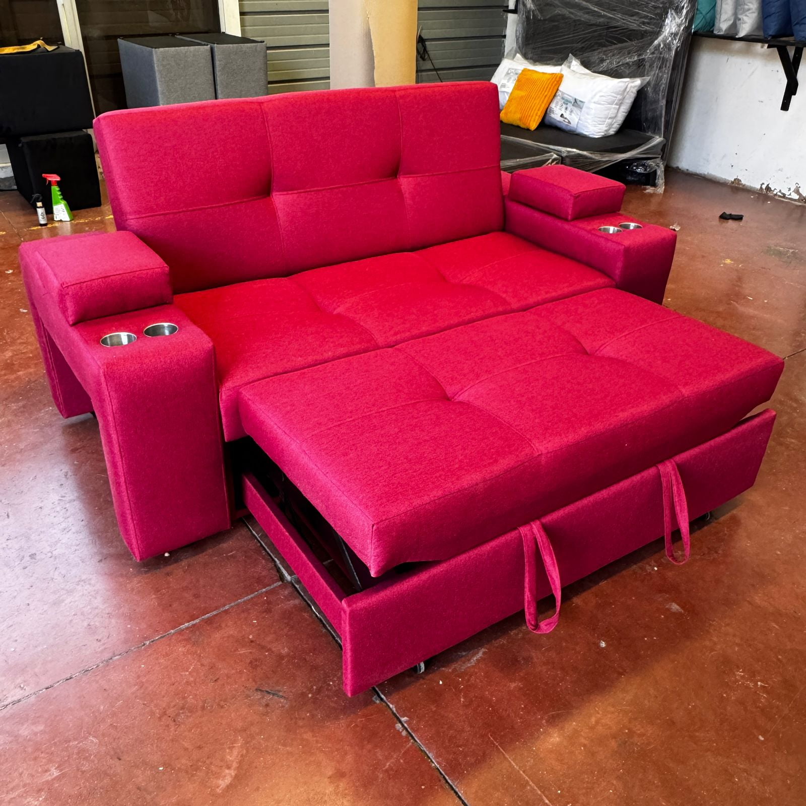 Camila Home - Sofá Cama Lino Burdeo Elite 2 Plazas Con Puffs Y Respaldo Reclinable