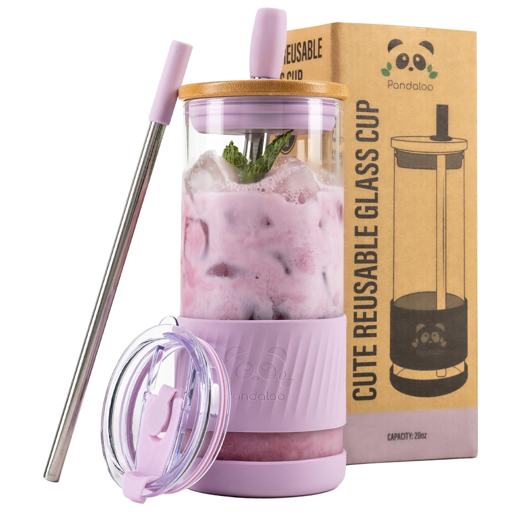 Vasos De Vidrio Pandaloo Lilac Rhapsody De 600 Ml Con Tapas Y Pajitas