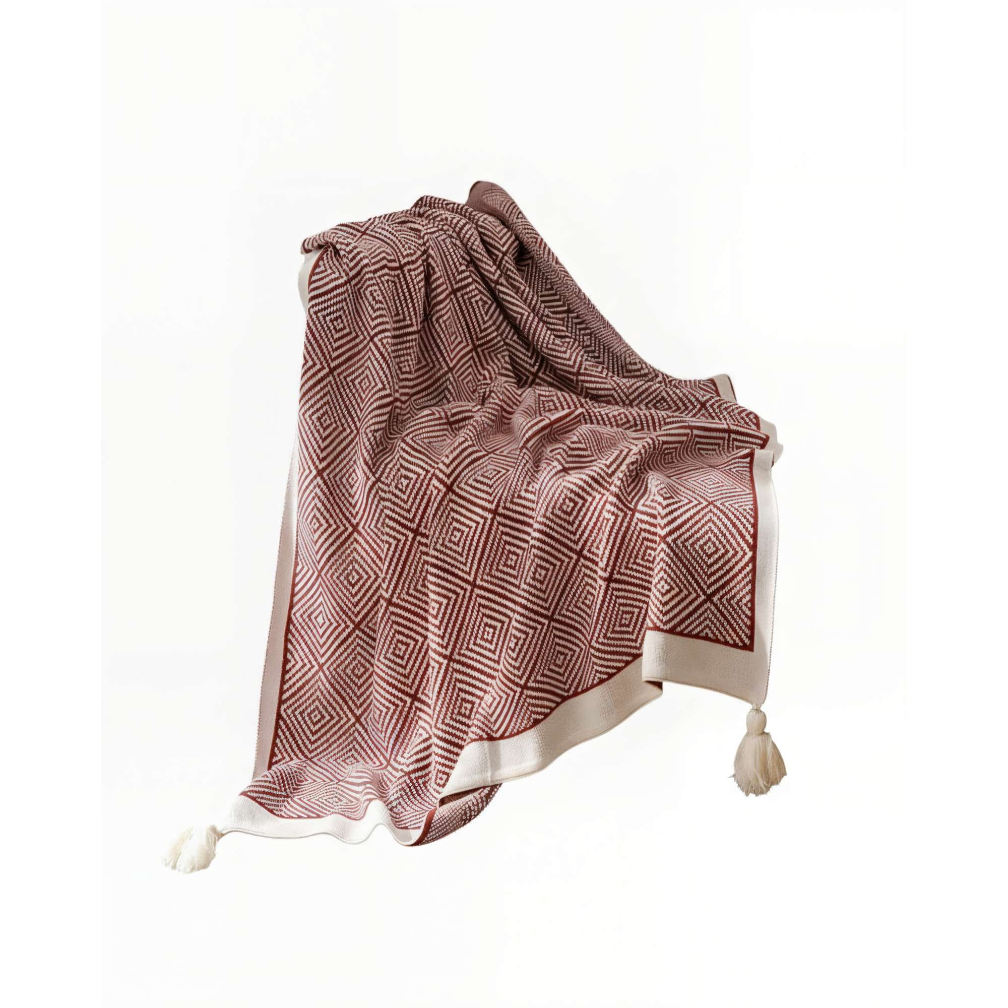 Genérico - Manta Decorativa Con Borlas Y Estampado Geometrico De Rombo Color Burdeo
